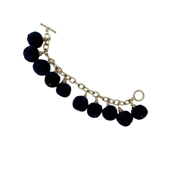 Boutique unbranded Gold tone navy Pom Pom Bracelet toggle closure bracelet 7 in - Picture 4 of 7